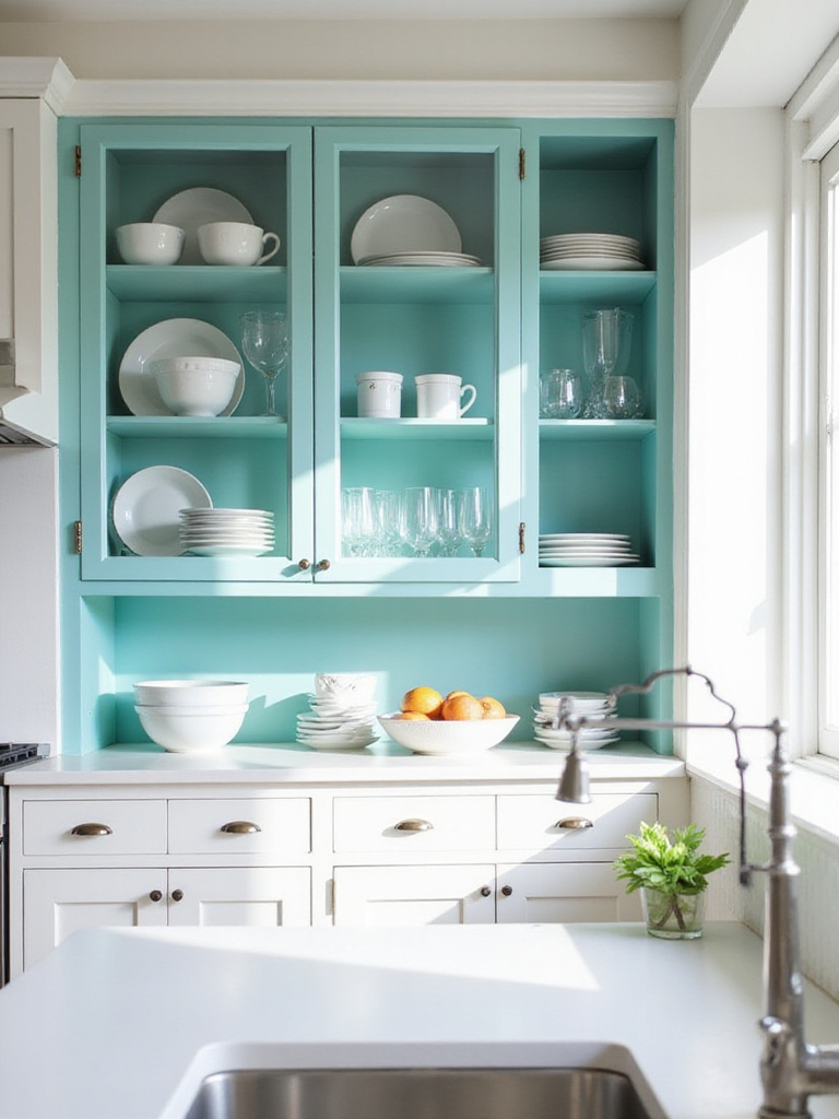 White kitchen cabinets with glass fronts, showing the inside back panels painted a vibrant teal color, displaying white dishes and glassware. A kitchen makeover idea.