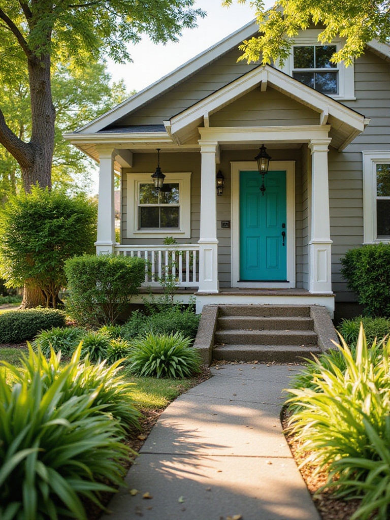 A vibrant turquoise front door stands out against the neutral siding of a charming suburban house, enhancing curb appeal with a bold pop of color.