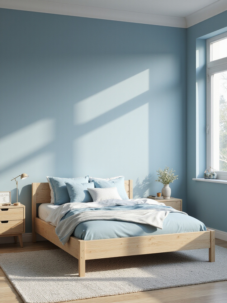 A serene blue bedroom featuring natural wood furniture, including a bed frame and dresser, creating a calming and natural sanctuary.