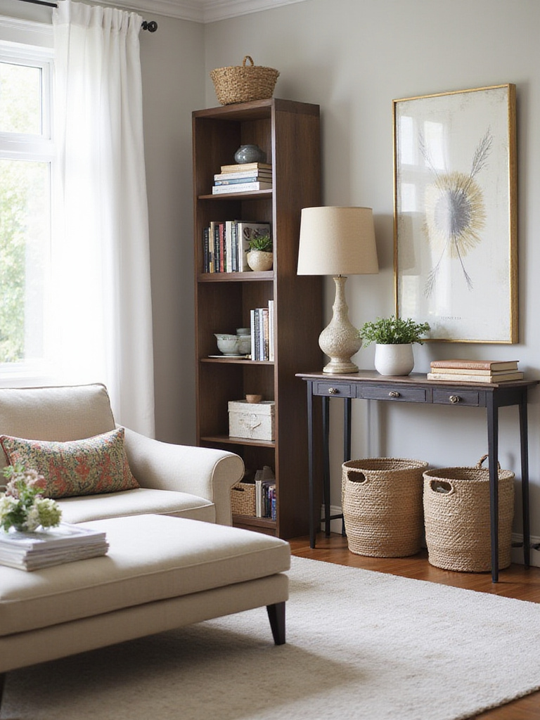 Stylish living room corner with a tall bookshelf, storage ottoman, and decorative baskets offering elegant and functional storage solutions.