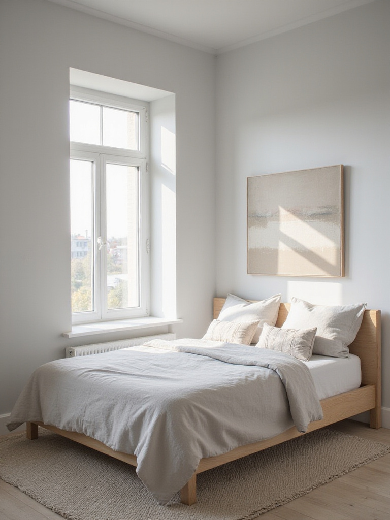A serene bedroom painted in peaceful pale grey, featuring a comfortable bed with neutral linens, light wood furniture, and soft natural light creating an understated, calm atmosphere.