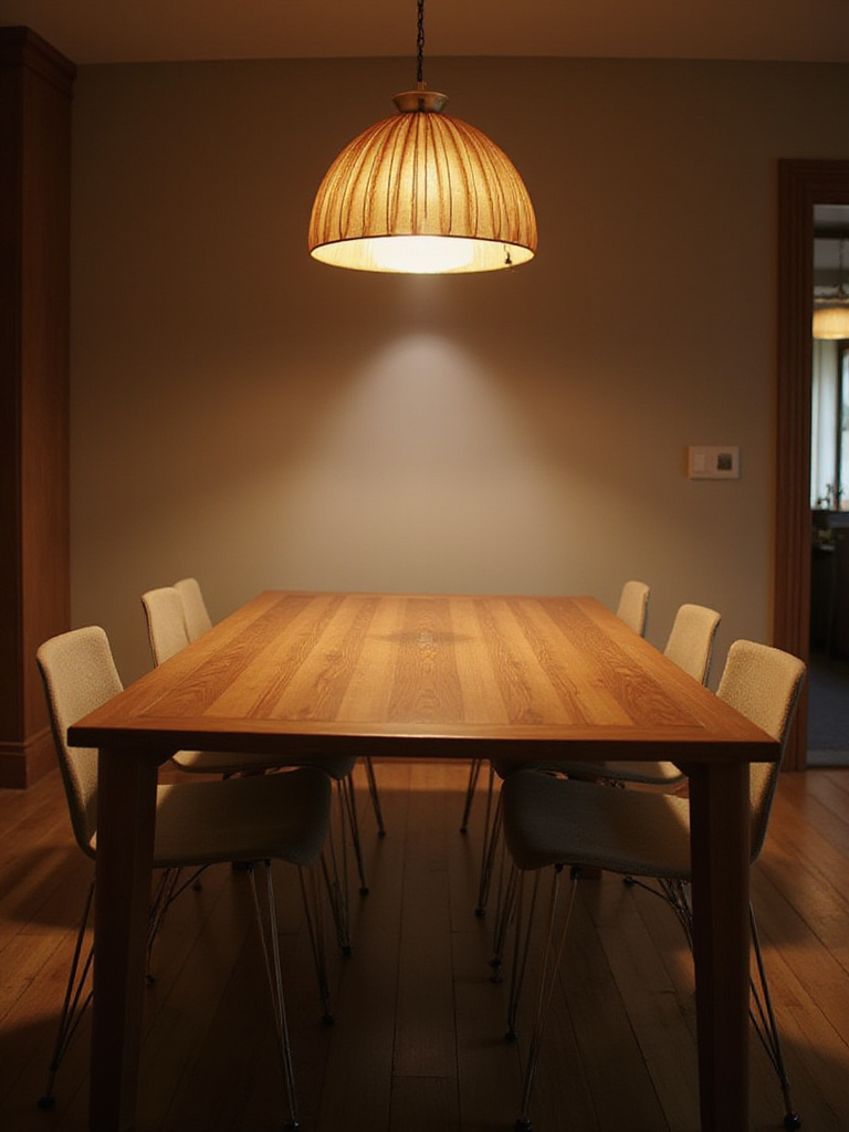 A light fixture hanging at the correct height, 30-36 inches above a dining room table, casting warm light.