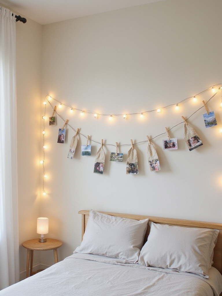 Bedroom wall decorated with string lights and photos.
