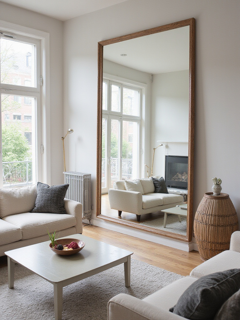A bright living room featuring a large mirror strategically placed to reflect natural light from a window, making the space feel larger and more airy. Shows a comfortable sofa and coffee table.