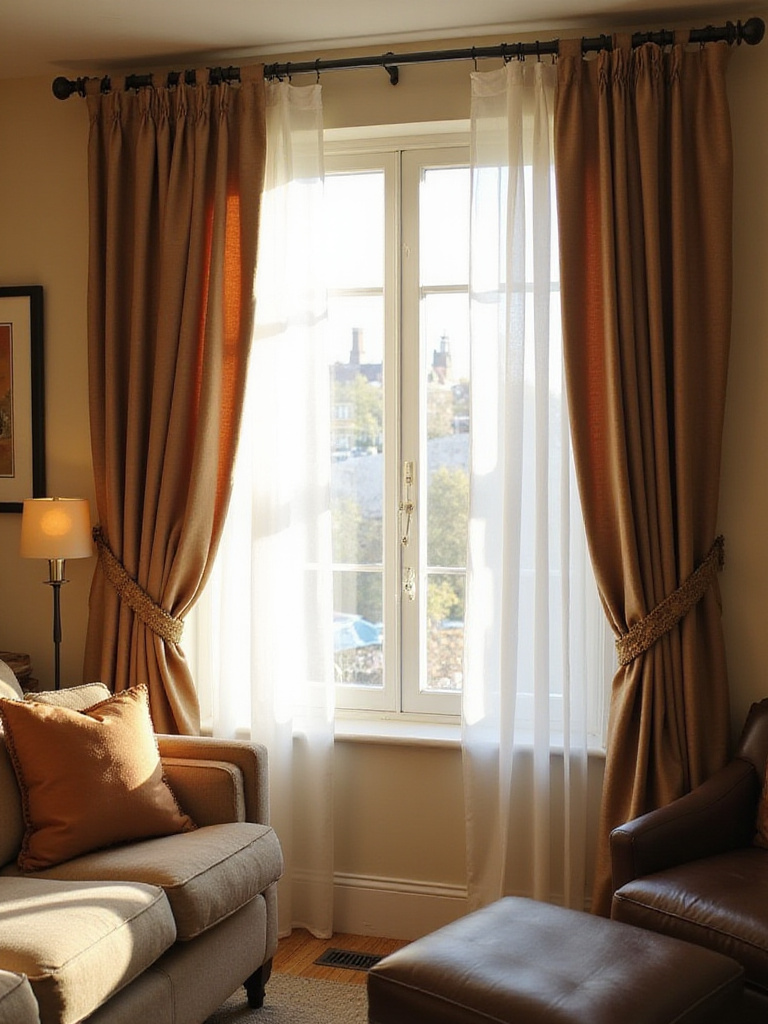 Living room with layered curtains controlling light and enhancing privacy.