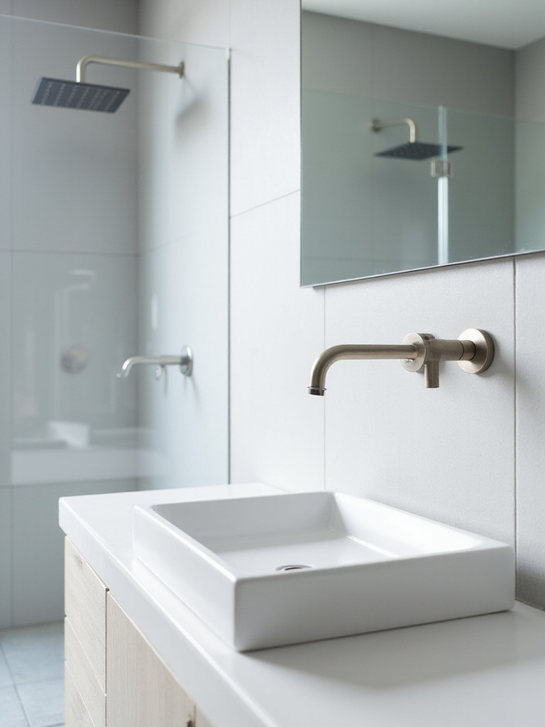 Minimalist bathroom with wall-mounted brushed nickel faucet and rainfall showerhead