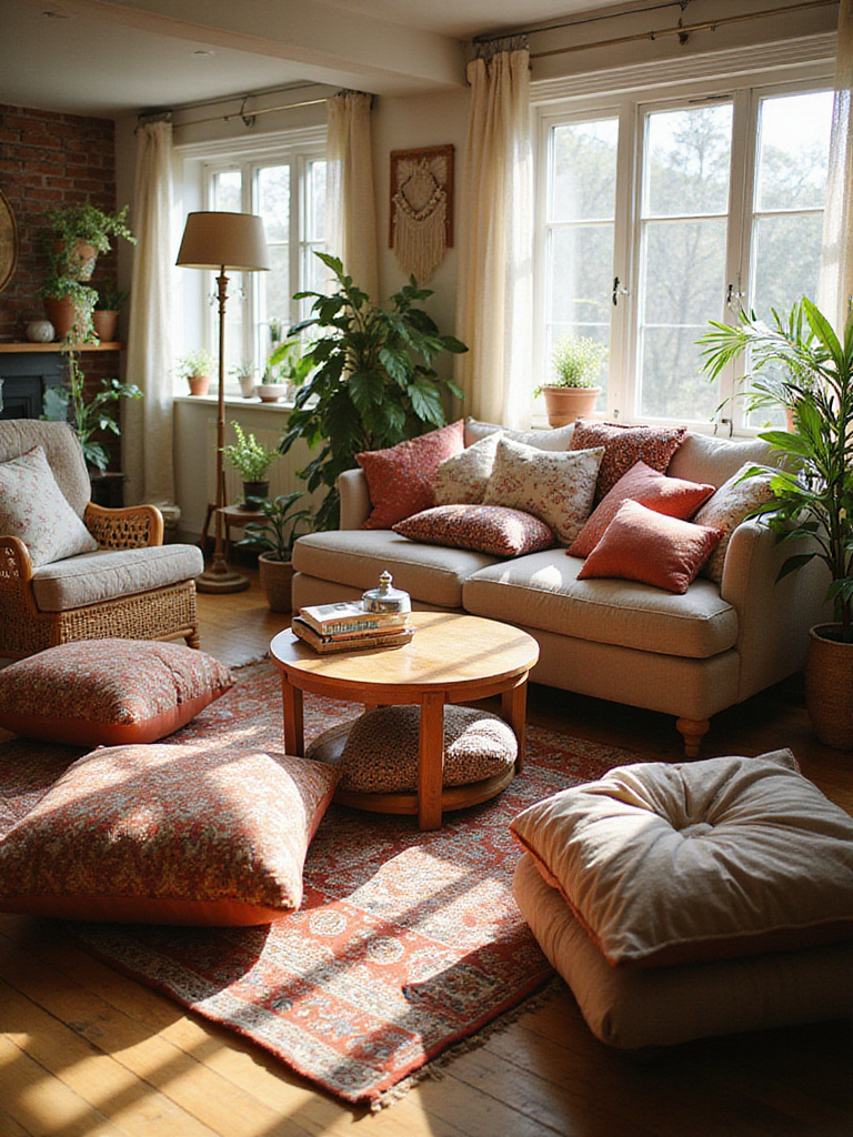 A cozy boho living room with a sofa and floor covered in piles of colorful patterned and textured pillows, surrounded by plants and natural decor.