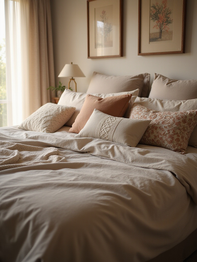 Bedroom decor with a variety of affordable pillows in different colors and textures