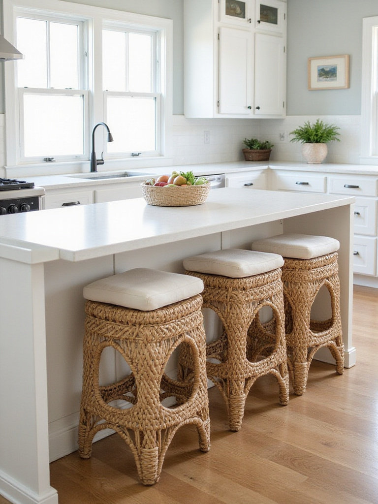 Woven rattan or seagrass stools at a coastal kitchen island, adding natural texture, warmth, and a casual, inviting seating option.