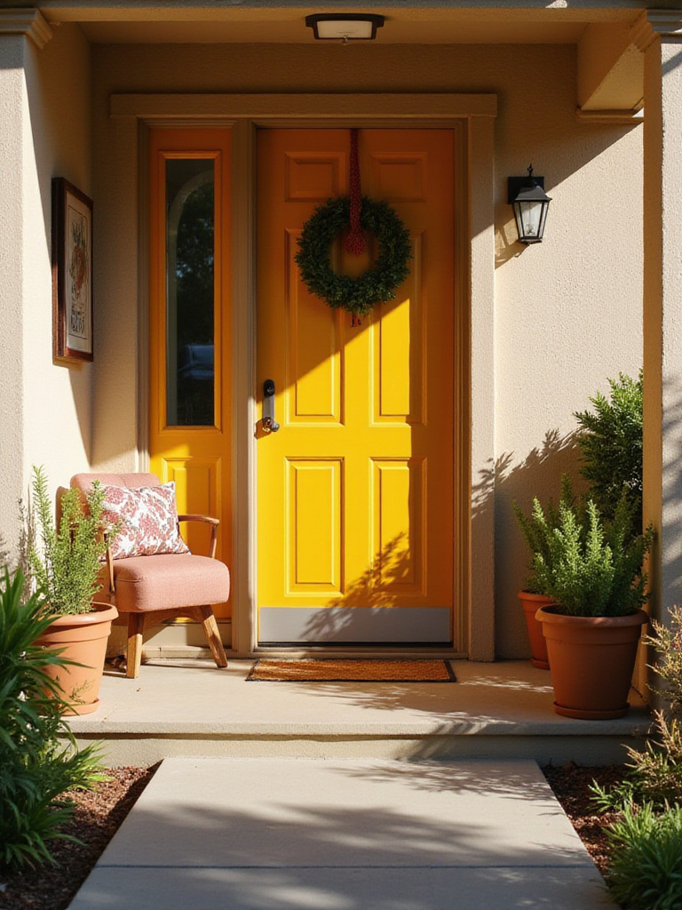 A stylish small outdoor bench placed next to a vibrant front door, flanked by potted plants, enhancing the home's curb appeal.