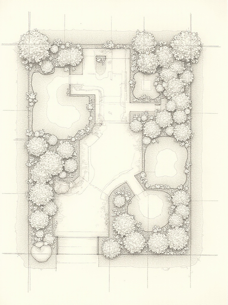 An illustrative sketch showing the planned layout and design of a flower garden, including pathways and beds