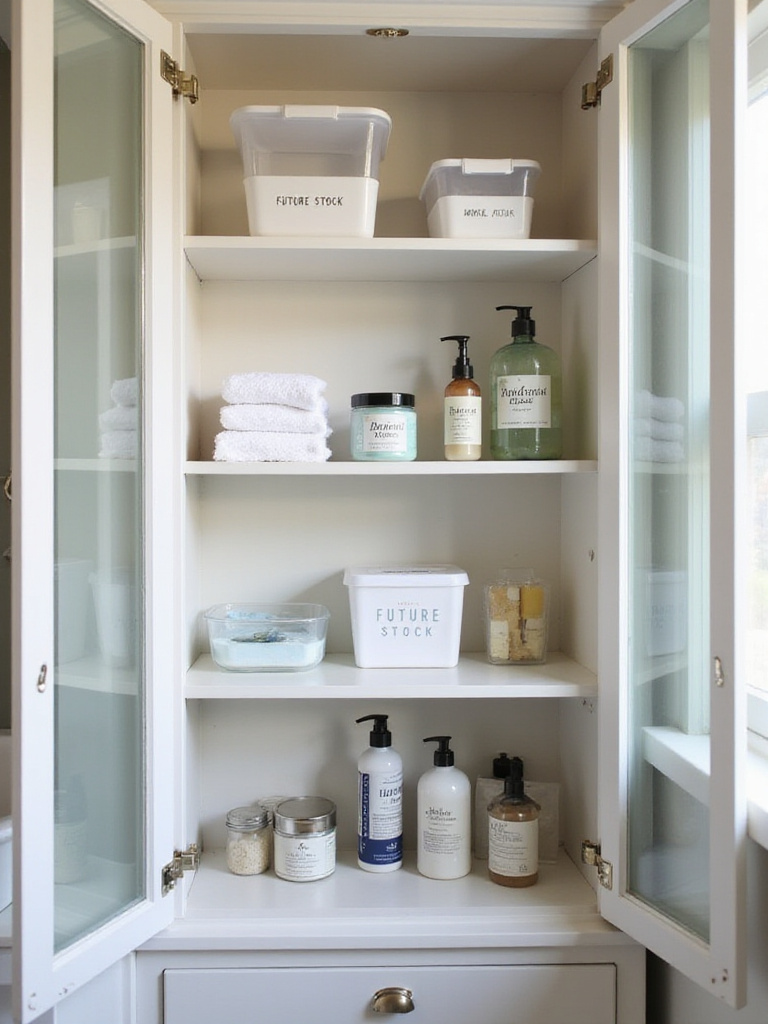 Organized bathroom cabinet with flexible empty space for future purchases.