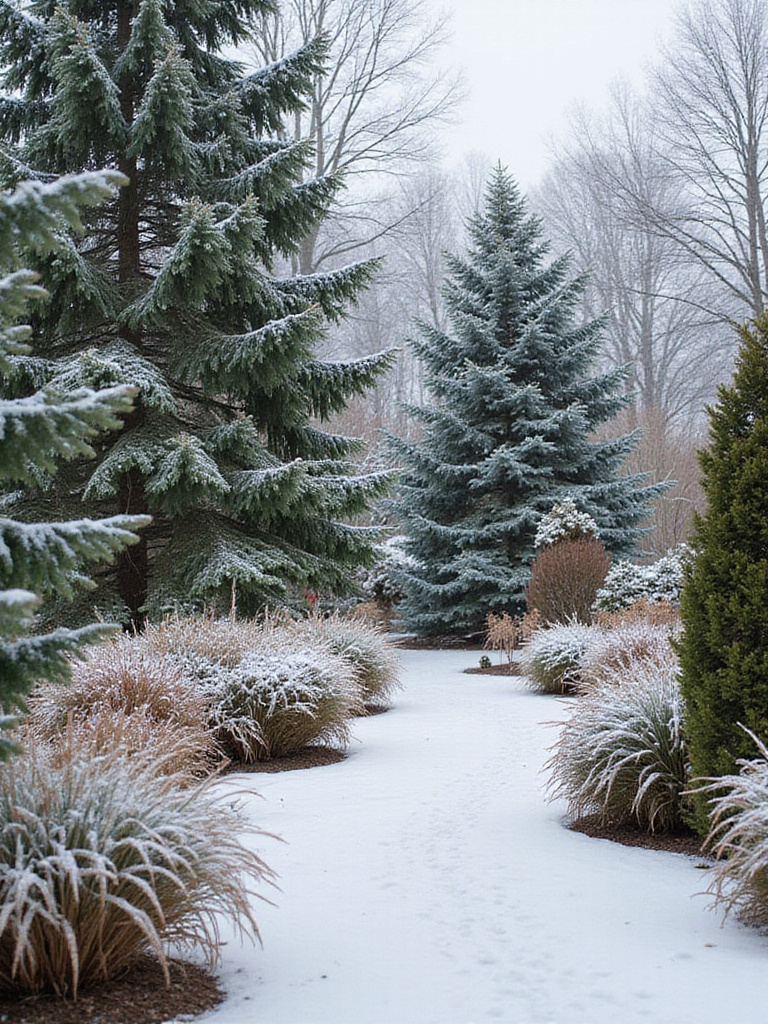 A winter garden scene featuring plants like evergreens and ornamental grasses that provide visual interest in the cold season.