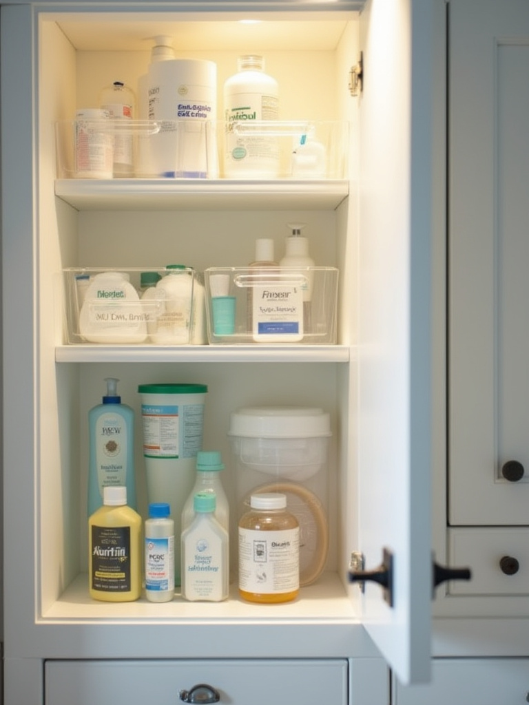 An organized bathroom cabinet with daily essentials at eye level for easy access.
