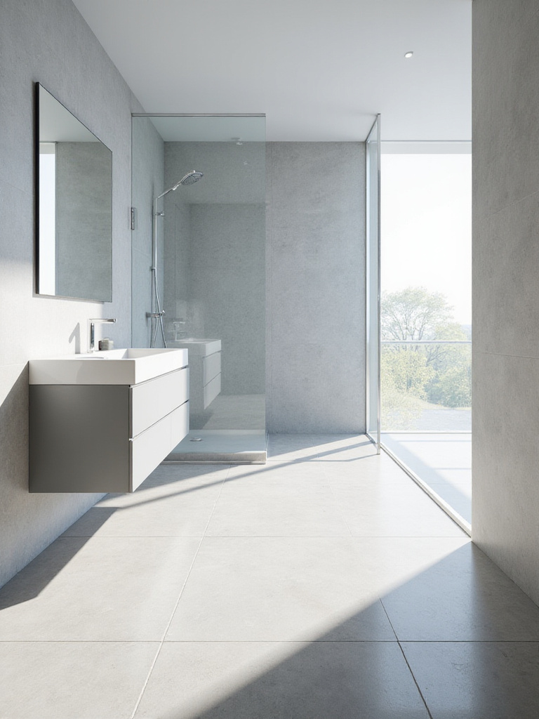 Minimalist bathroom design featuring clean, unbroken lines and frameless shower enclosure.