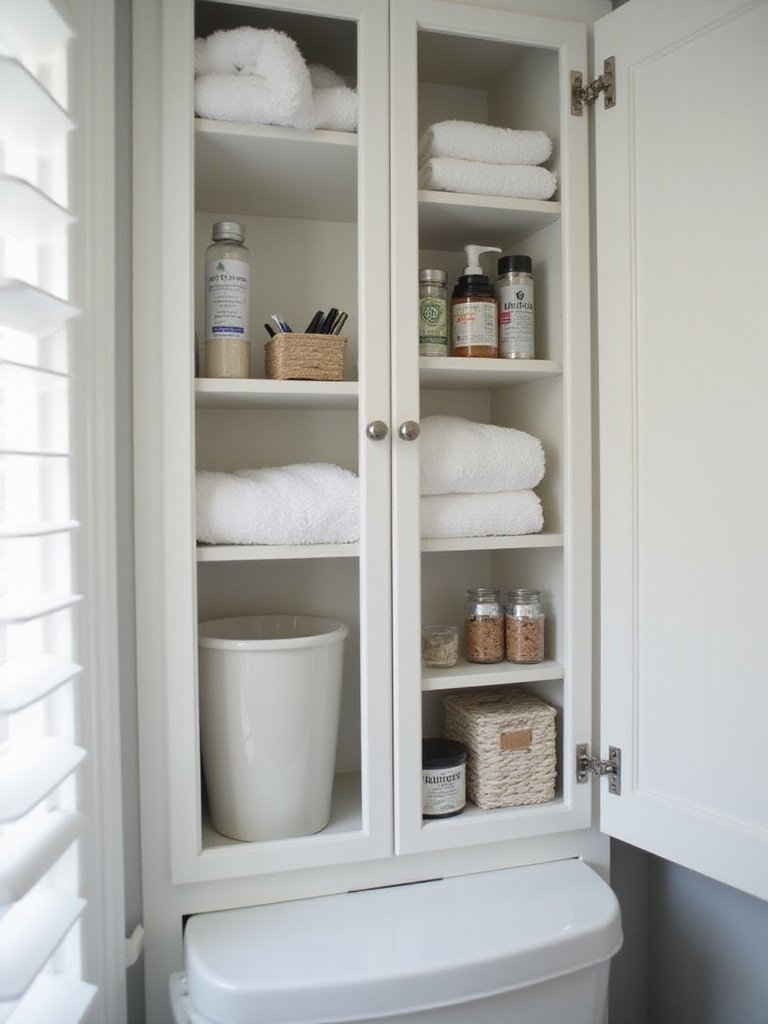 Organized bathroom cabinet with washable liners protecting shelves