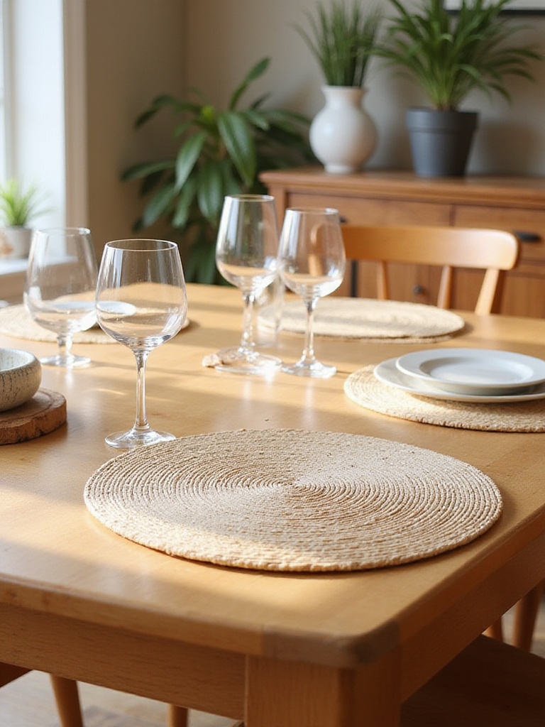 Dining table with placemats, coasters, and trivet showing protection against heat, spills, and scratches.