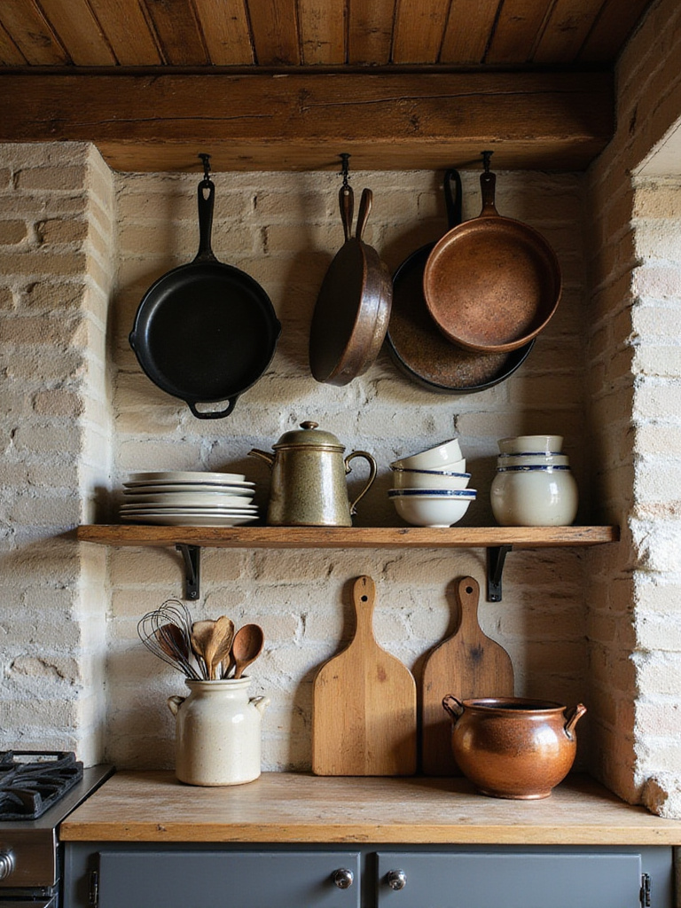 Rustic kitchen wall with displayed cookware, featuring cast iron skillets and copper pots hanging from a wooden beam and open shelves with ceramic dishes and wooden utensils.