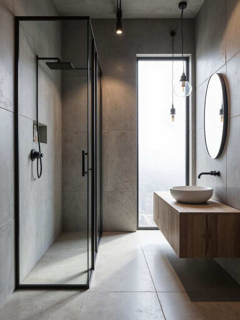 Industrial bathroom featuring large format raw concrete look porcelain tiles on walls and floor, with black metal fixtures and minimalist vanity, creating an urban aesthetic.