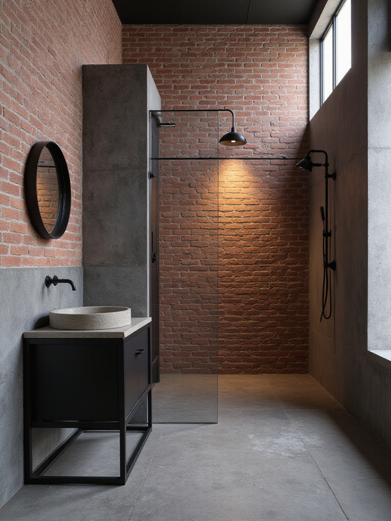 Industrial bathroom featuring a bold red brick effect tile accent wall behind a black vanity with a concrete top.