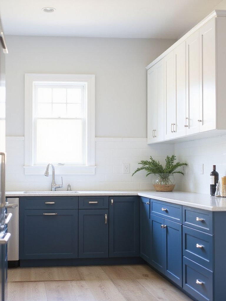 Modern kitchen cabinets refaced with two-tone shaker doors, featuring navy blue lowers and white uppers, with new brushed nickel hardware.