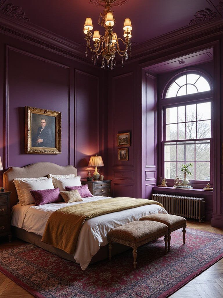 Luxurious bedroom with walls painted in a regal deep purple, featuring opulent gold accents, layered bedding, and soft lighting.