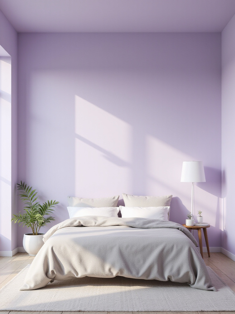A tranquil bedroom featuring walls painted in a soft, dusty lavender color, promoting a sense of calm and relaxation.