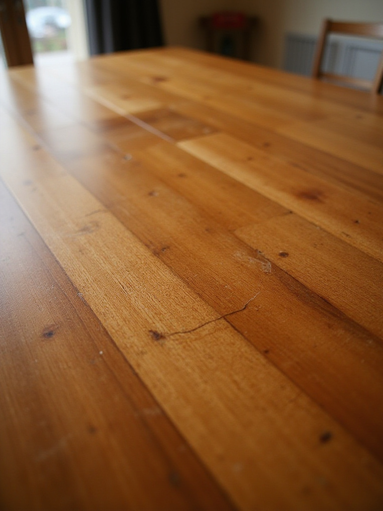 Close-up of a wood dining table showing a successfully repaired minor scratch blended into the surface.