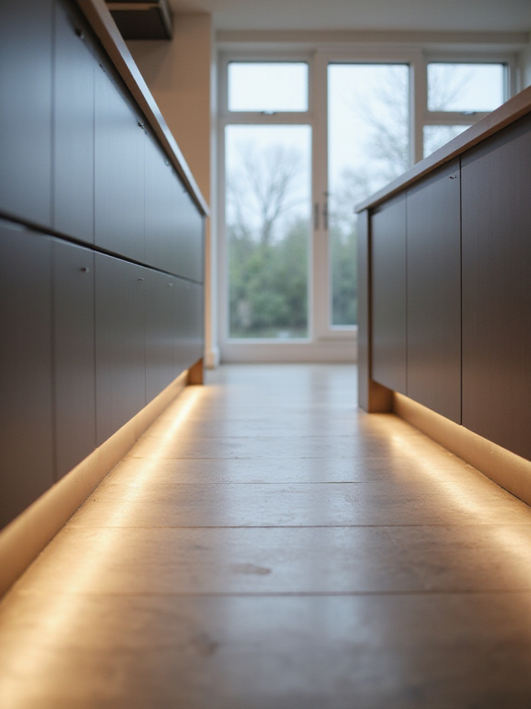 Modern kitchen base cabinets with updated stainless steel kick plates and integrated LED lighting, creating a sleek, floating effect.