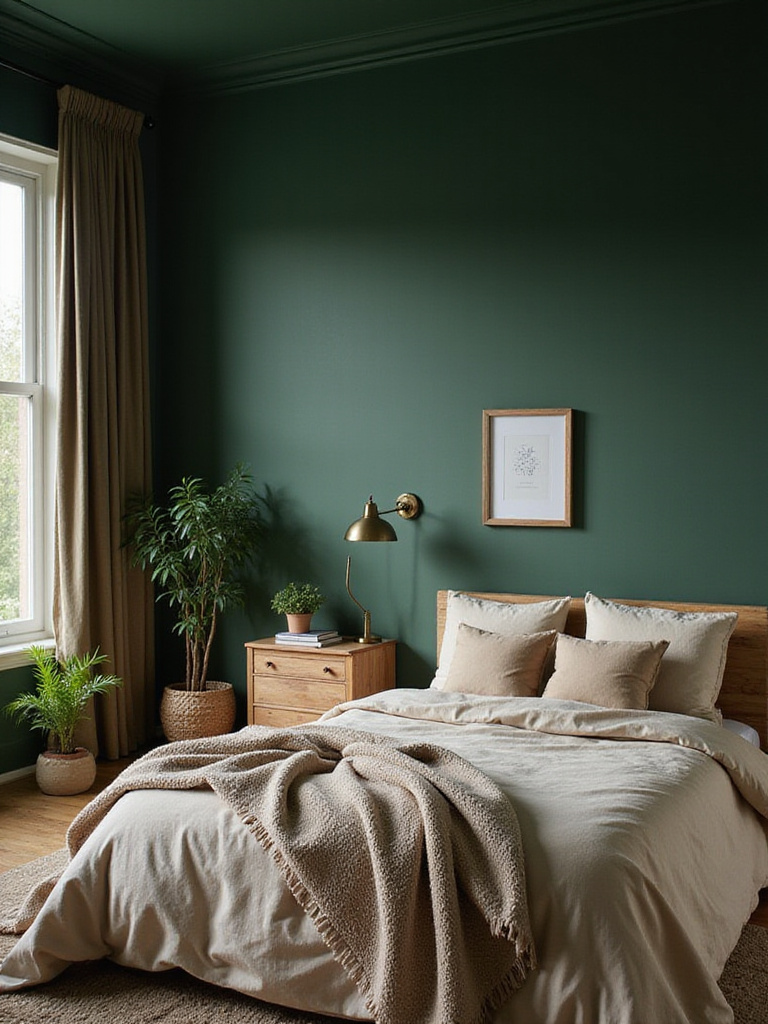 A luxurious bedroom with rich forest green walls, a bed with cream bedding, wooden furniture, and brass accents, bathed in soft evening light.