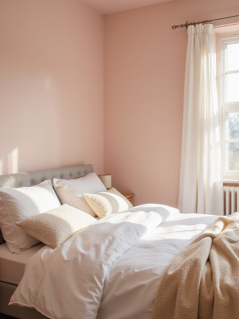 A bedroom painted in soft blush pink, featuring a cozy bed with layered neutral bedding and warm natural light.