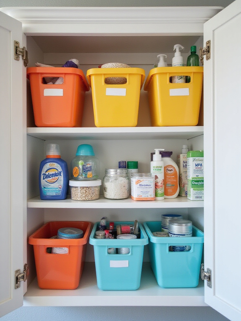 Organized bathroom cabinet with labeled bins and no expired products.