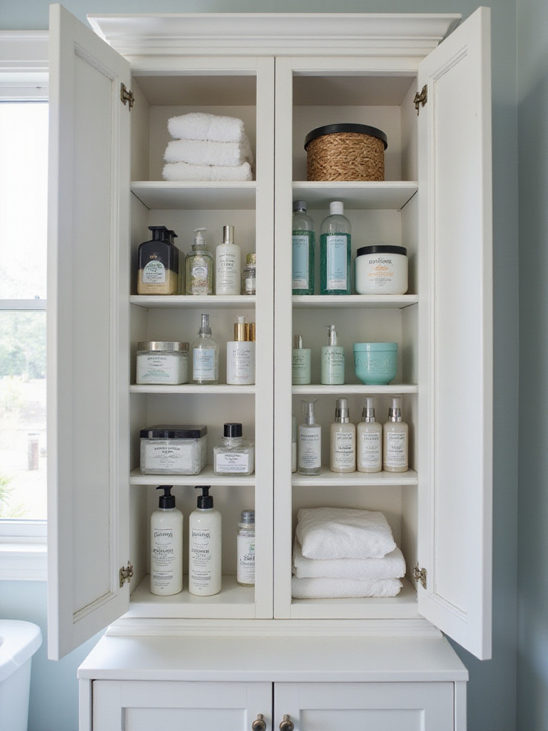 Organized bathroom cabinet with neatly arranged toiletries and cosmetics
