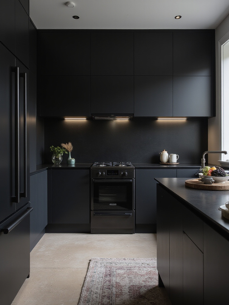 Modern black kitchen featuring seamless integration of matte black appliances into black cabinetry, creating a sophisticated and cohesive design.