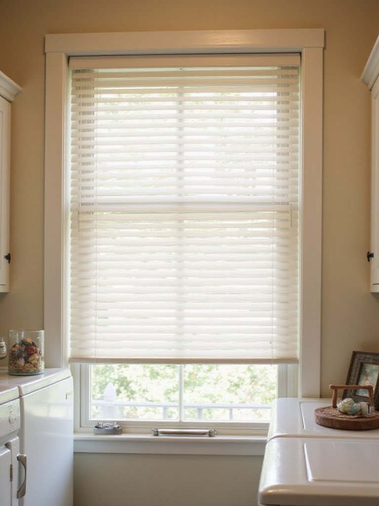 Stylish light-colored faux wood blinds covering a window in a clean laundry room, allowing sunlight to filter through.