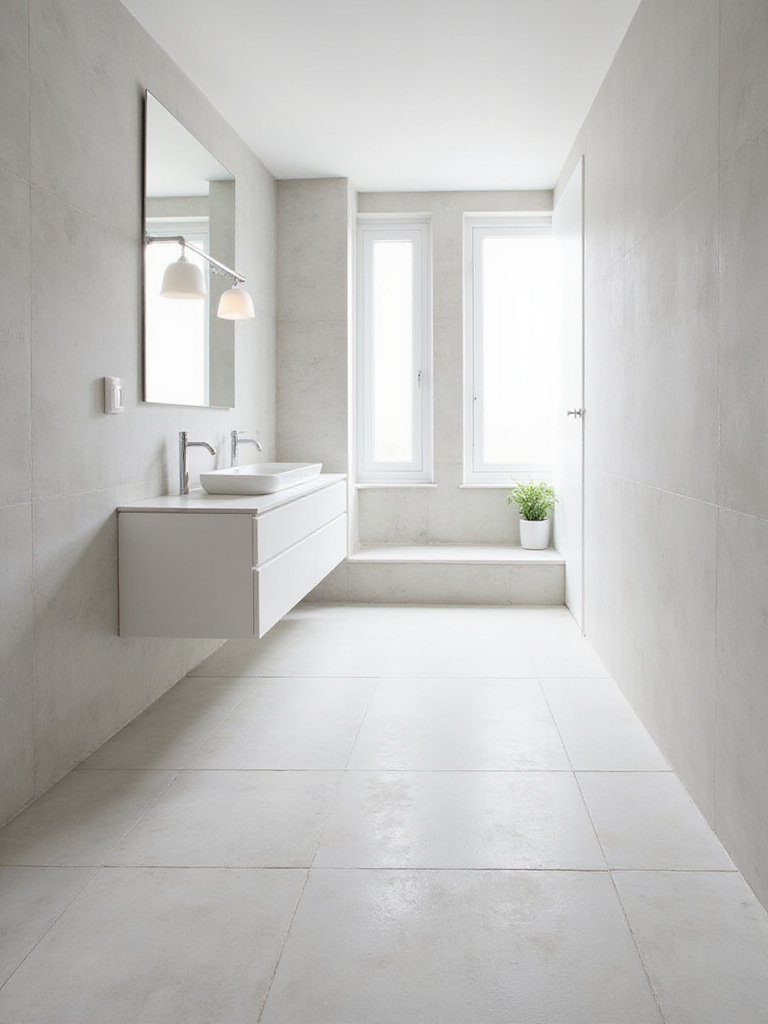 Minimalist bathroom with large format tiles and minimal grout lines.