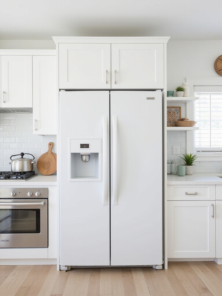 Matte white or stainless steel appliances selected for a coastal kitchen, complementing the light and airy design with a seamless or clean reflective look.