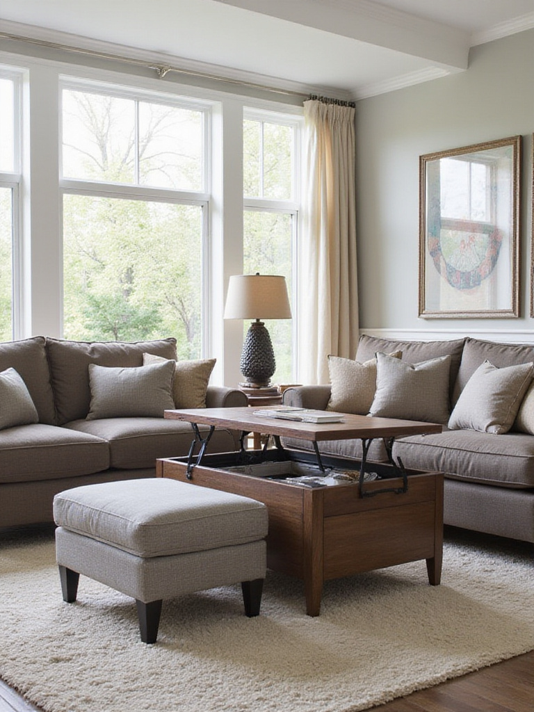 Stylish living room with multi-functional furniture including a lift-top coffee table and storage ottoman
