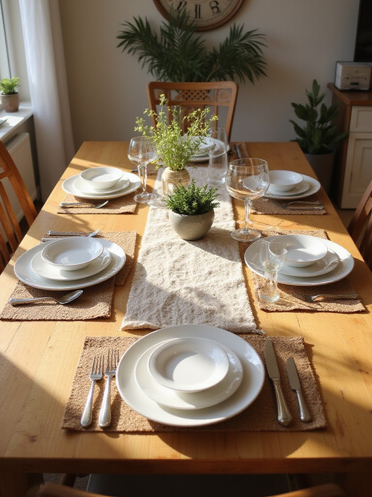 Styled dining table with a textured runner and placemats, showcasing how linens protect and enhance the setting.