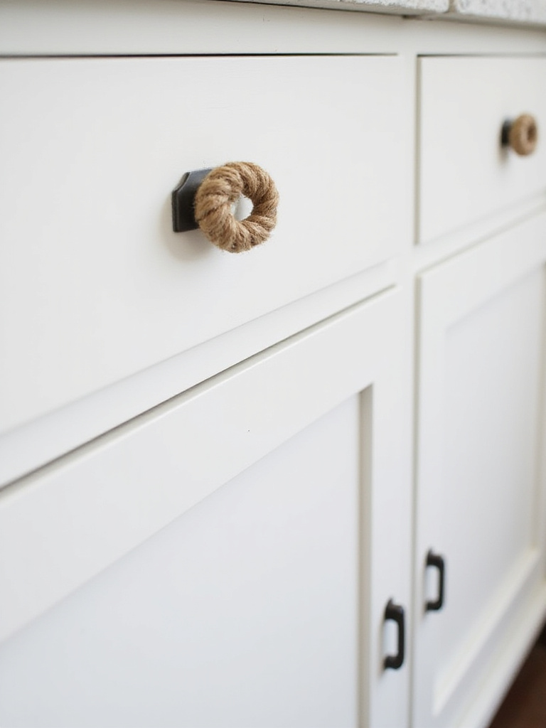 Rope or nautical knot cabinet hardware pulls on white kitchen cabinets, providing a unique and authentic coastal design element.
