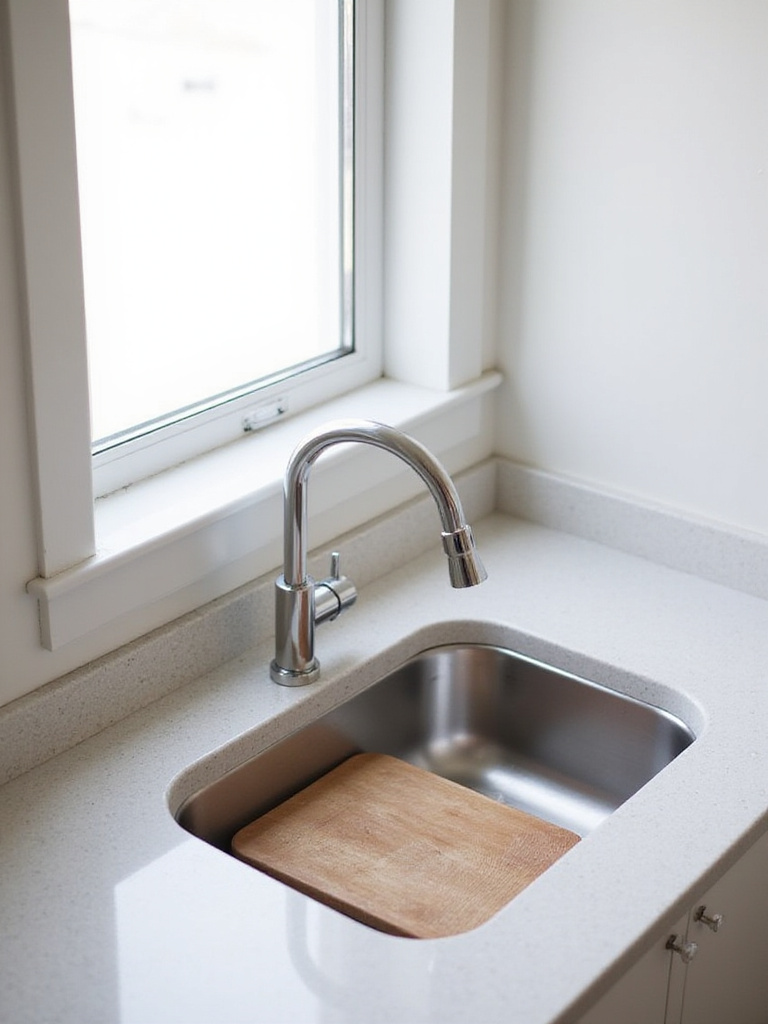 Modern compact undermount sink with a pull-down faucet in a small kitchen, featuring a cutting board over the sink to maximize space.
