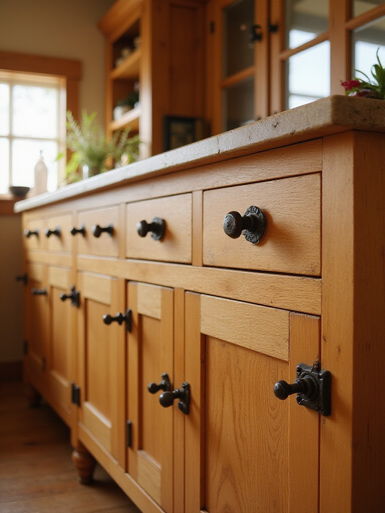 Rustic kitchen cabinets with dark wrought iron knobs and pulls.