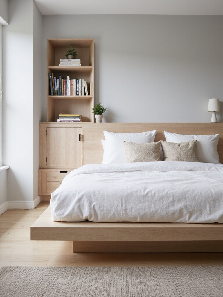 Small bedroom with a bed featuring a headboard with built-in shelves and cabinet for storage.