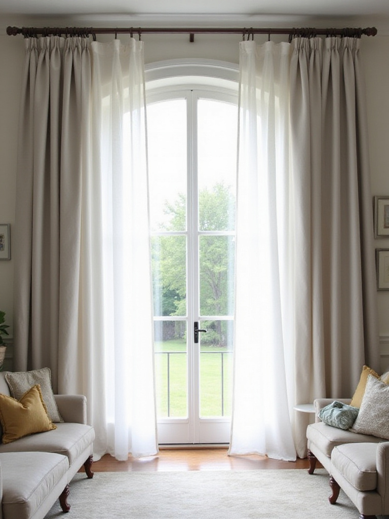 Elegant living room window with layered sheer and light-filtering drapes framing a view, showcasing the importance of window treatments in decor.