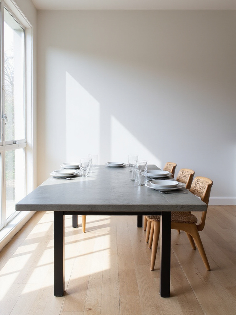 Modern dining table with durable concrete top and metal legs in a bright, minimalist room.