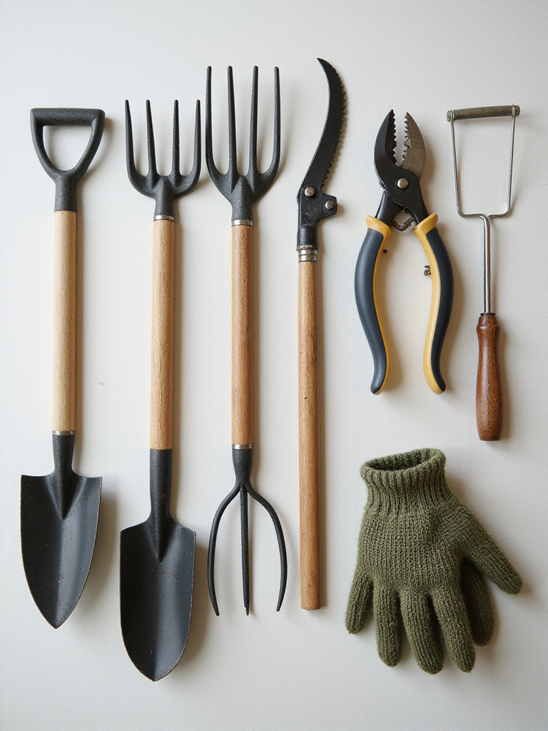 A set of essential gardening tools neatly laid out: spade, fork, trowel, pruners, and gloves.