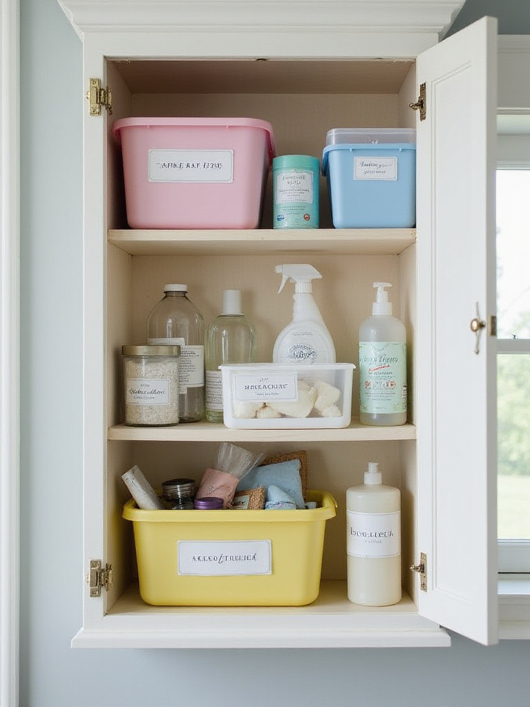 Organized bathroom cabinet with separated cleaning supplies and personal items
