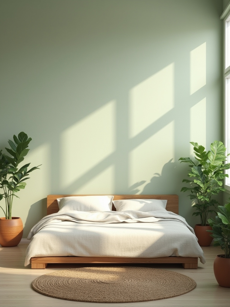 A serene bedroom featuring soft sage green painted walls, natural wood furniture, and green plants, creating a calming natural retreat.