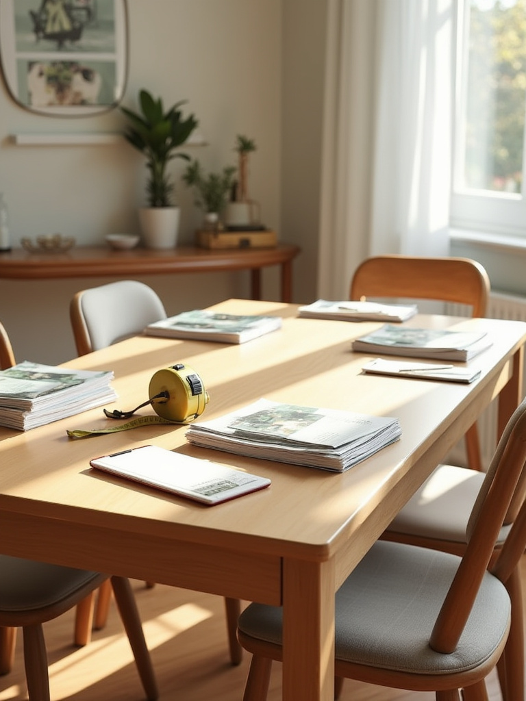 Beautiful wooden dining table and chairs in a sunny room, subtly showing planning tools like a tape measure nearby.