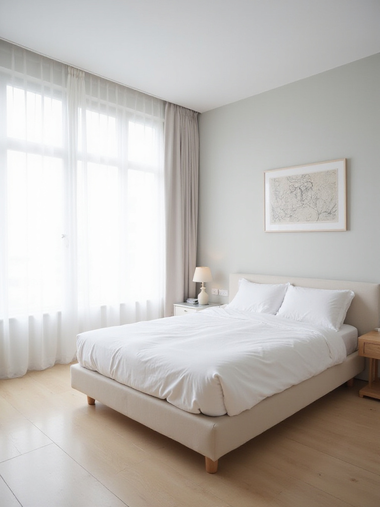 Minimalist bedroom with low platform bed, neutral colors, and natural light.